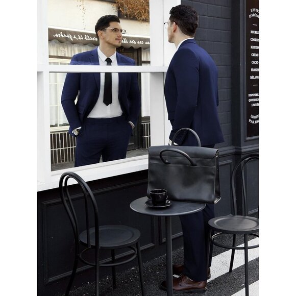 Men's Navy Single Breasted Peak Lapel 2 Piece Two Button Blazer Wedding - Picture 5 of 7